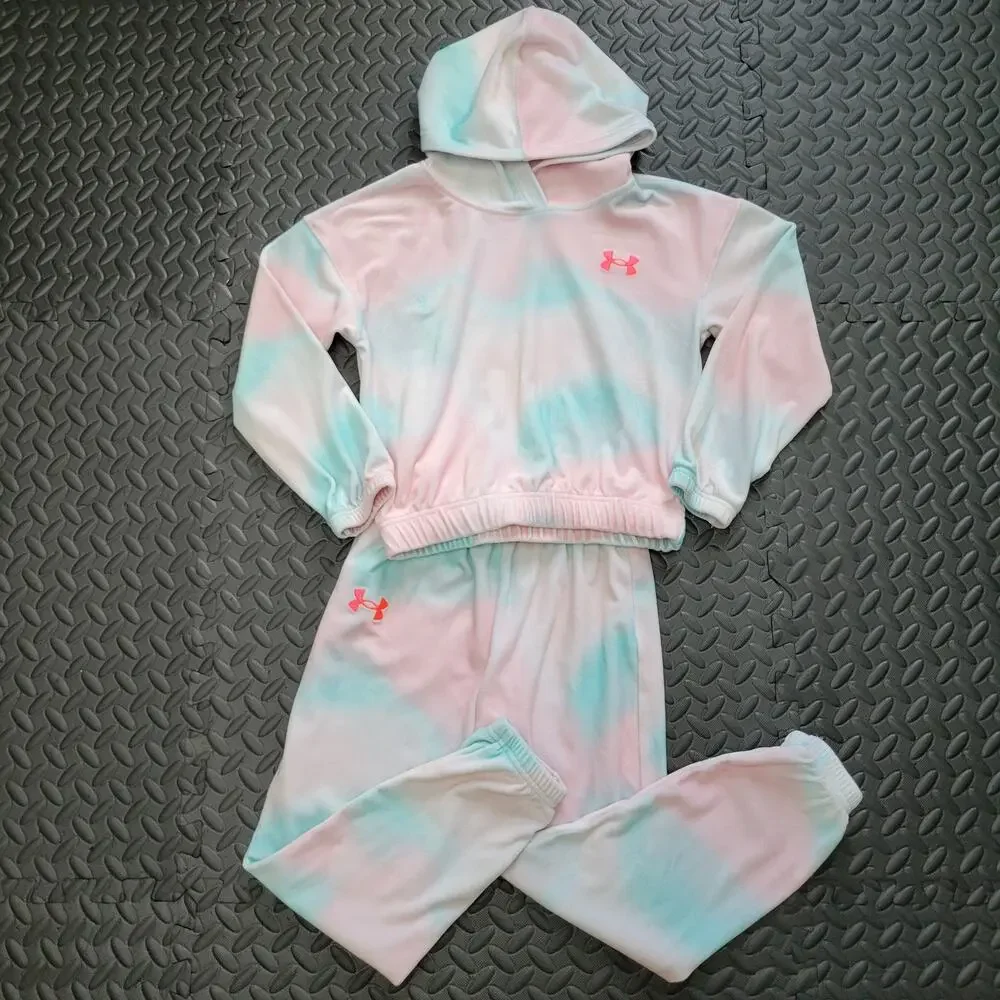 Under Armour Girls Pink Blue Tie Dye Fleece Hoodie Jogger Set Size 6